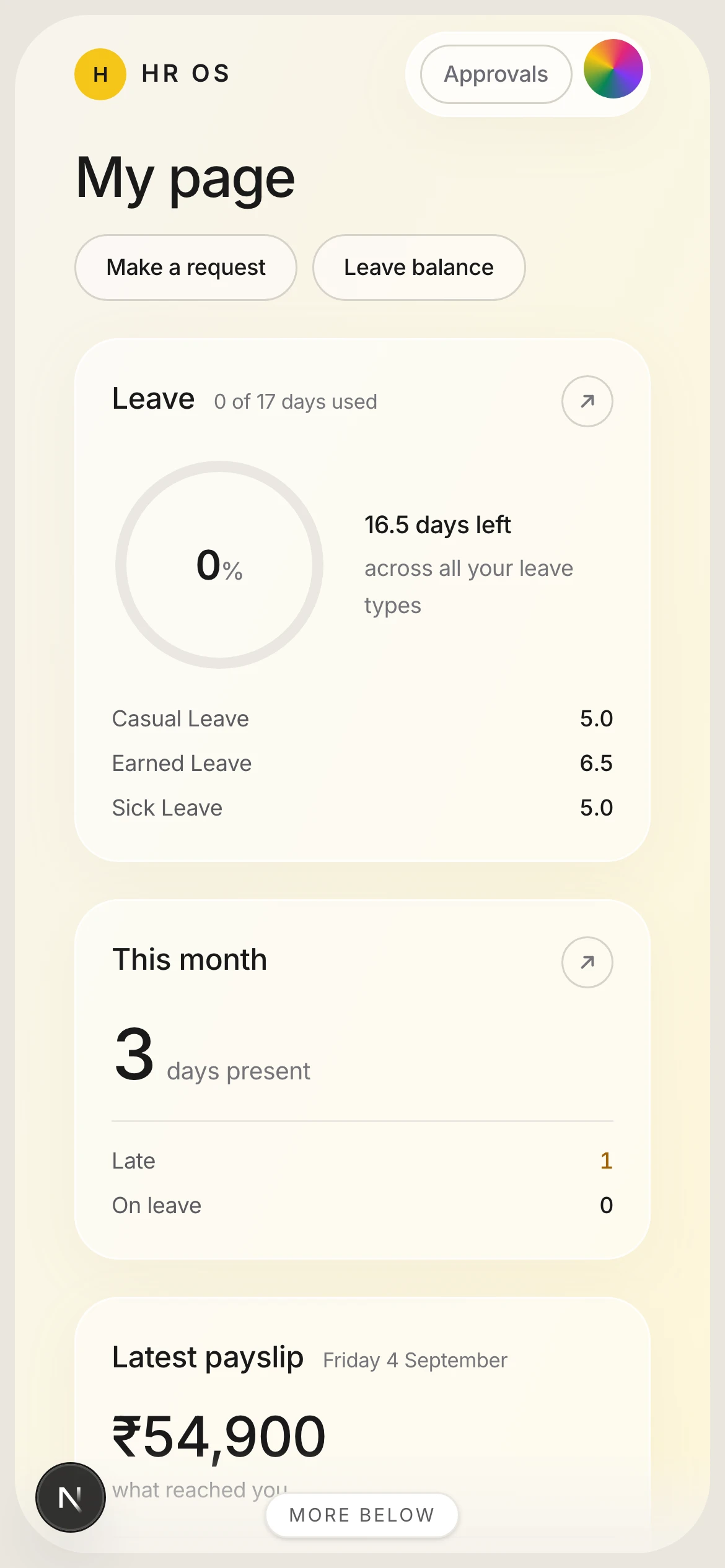 An employee’s own page on a phone, showing leave available, days present this month, latest net pay and the requests they can make
