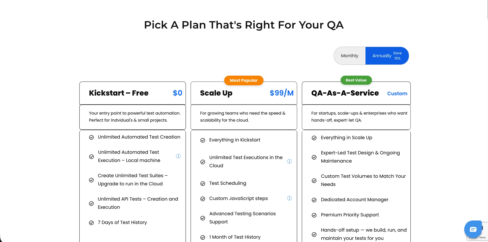 The page as it was. Three columns of similar bullets, and no signal about which plan belongs to which kind of buyer. The original CloudQA pricing page with three near-identical tier columns of bullet lists