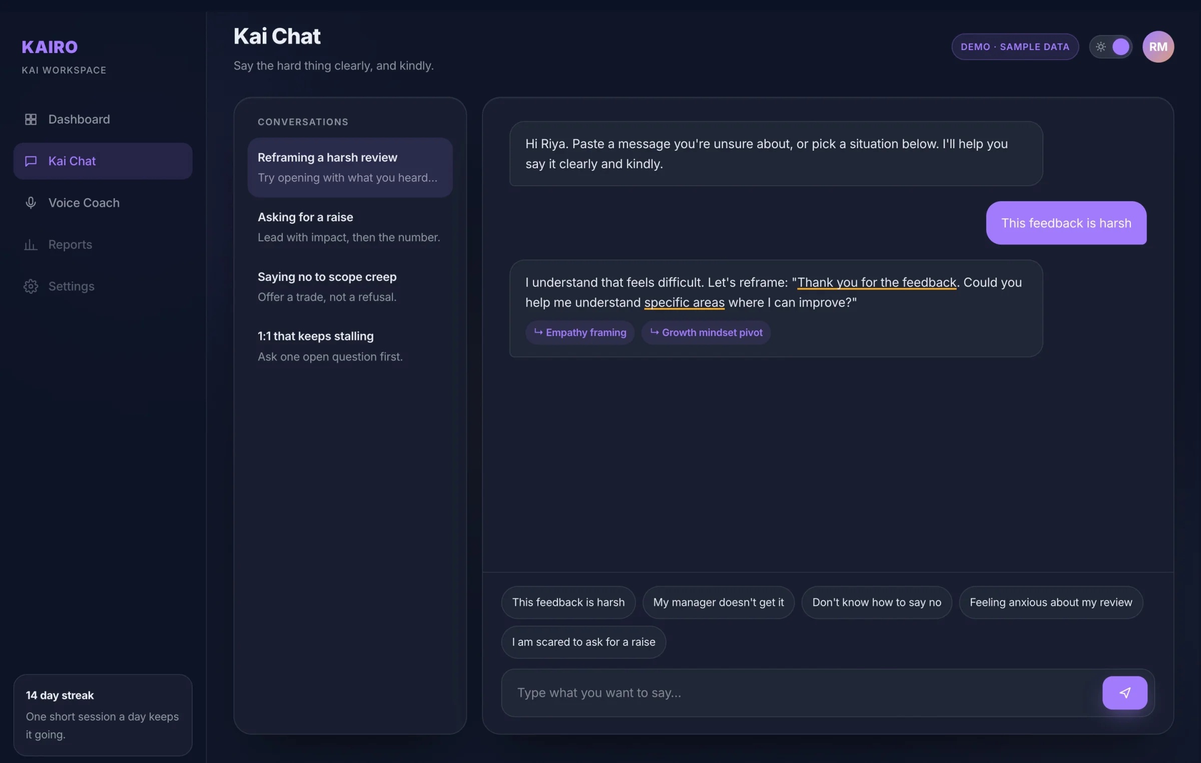 A reply in the 2026 rebuild. Kai rewrites the message, underlines the phrases doing the work, and names why each one helps. A Kai Chat reply that rewrites a harsh message, with key phrases underlined and labelled