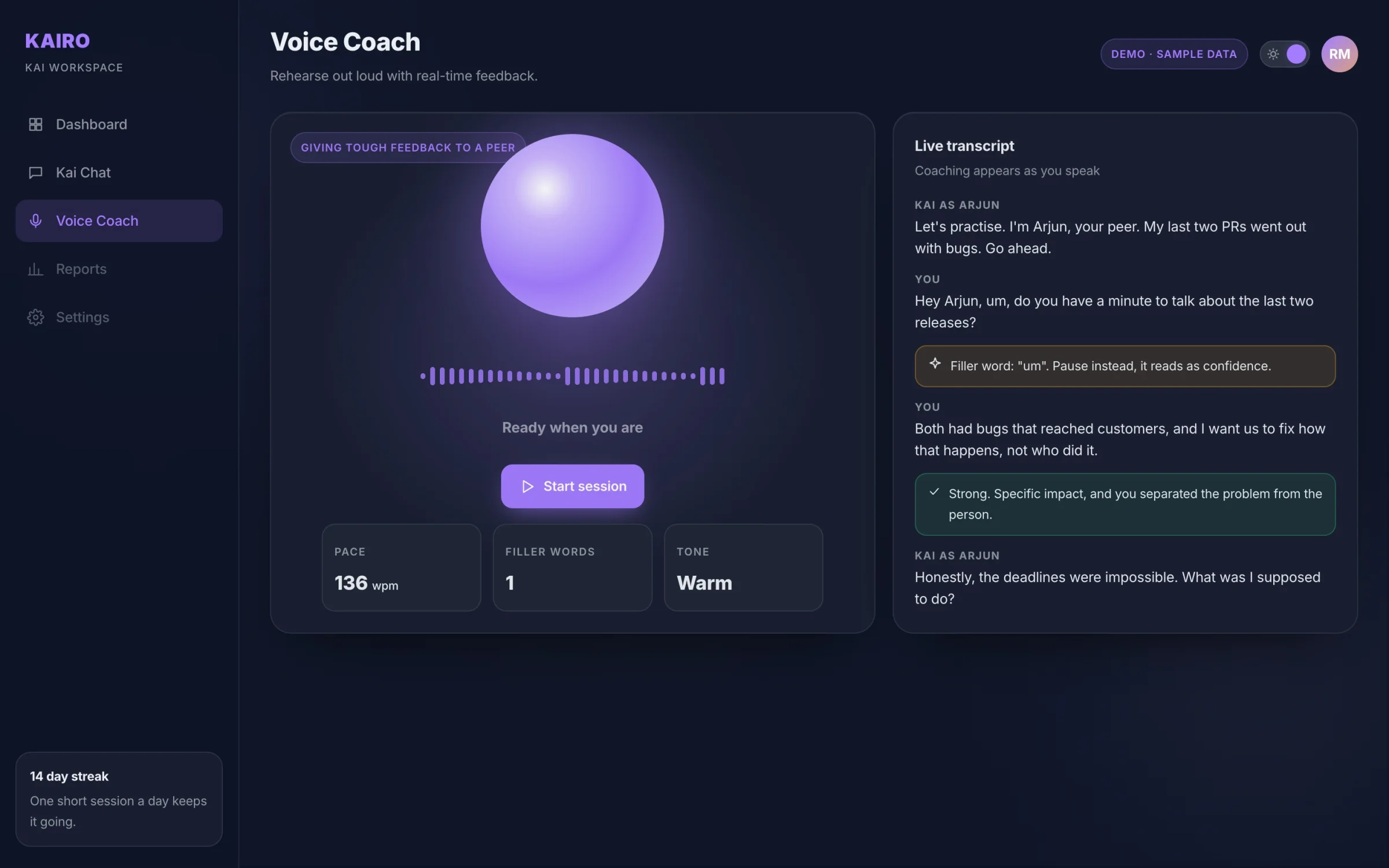 A session in progress. Kai plays your peer, the transcript runs on the right, and coaching appears the moment it is useful. A Kai Voice Coach session with the voice orb, live transcript and coaching notes