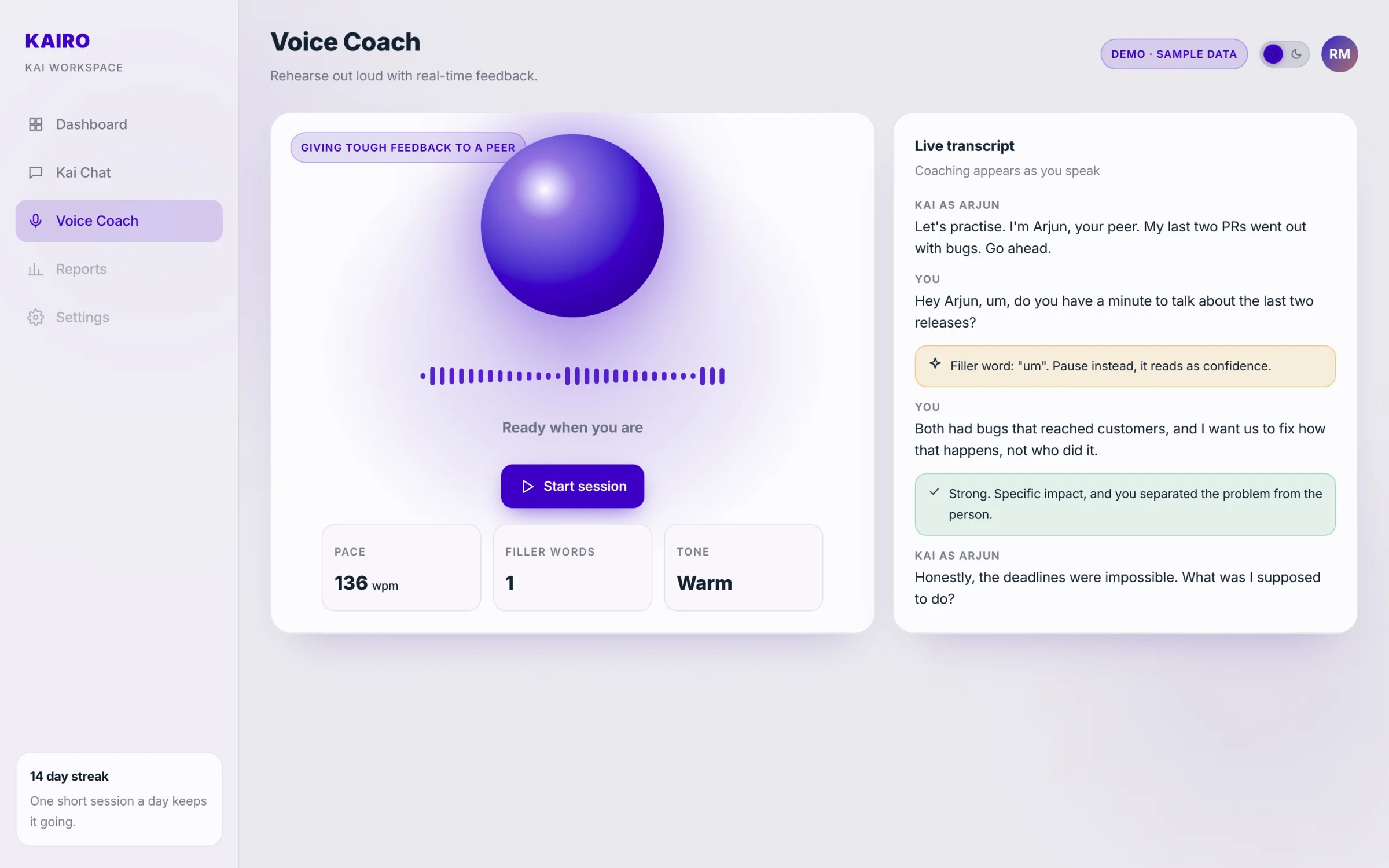 Light theme. Pace, filler words and tone sit under the orb, so the numbers never cover the conversation. Kai Voice Coach in light theme with pace, filler word and tone meters
