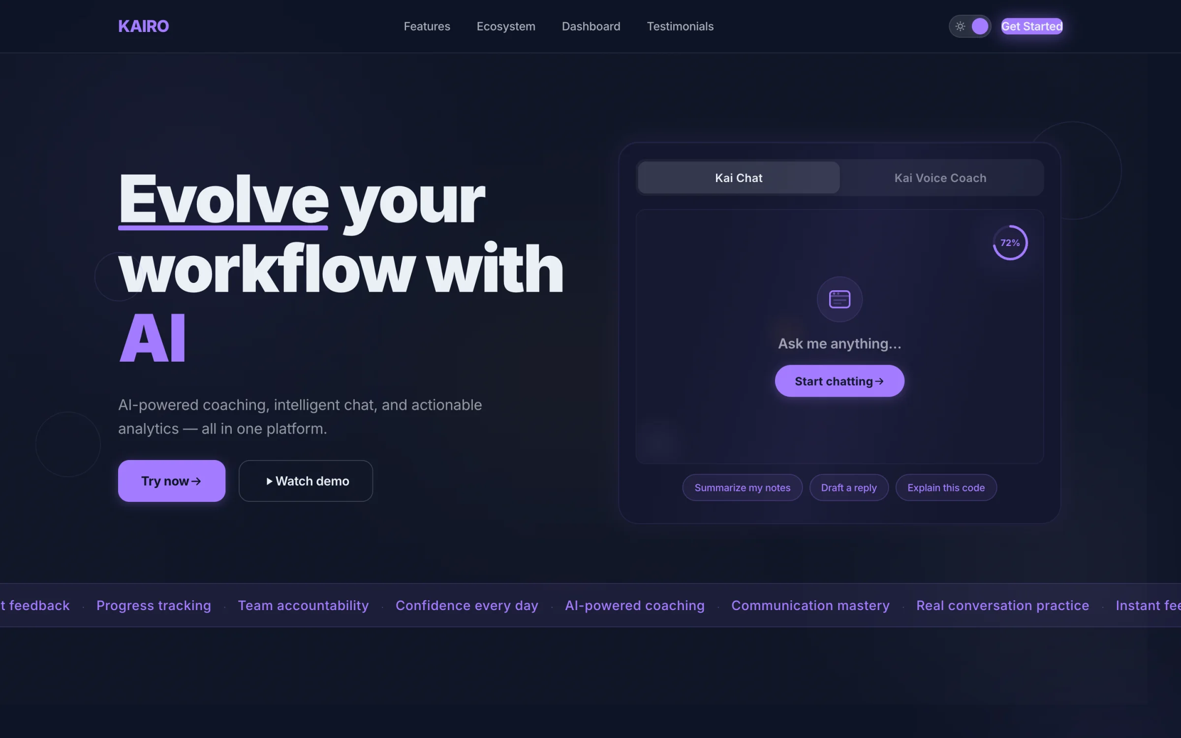 The hero in dark theme. The product sits beside the headline from the first frame: Kai Chat on one tab, the voice coach on the other. The Kairo landing page hero in dark theme, with the headline beside a working product panel