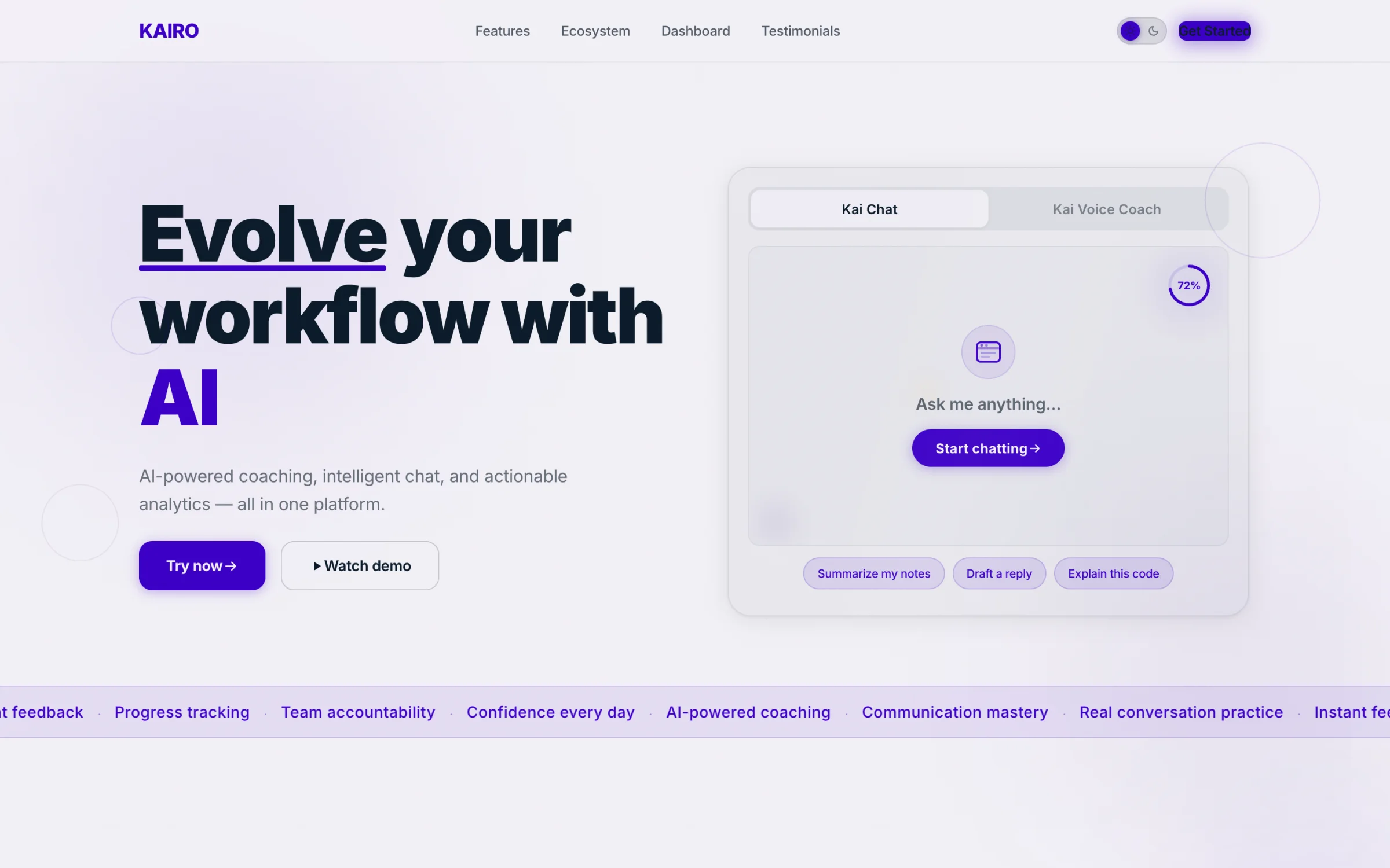 Light theme. The same grid and type scale, so the page reads as one system in both. The Kairo landing page hero in light theme