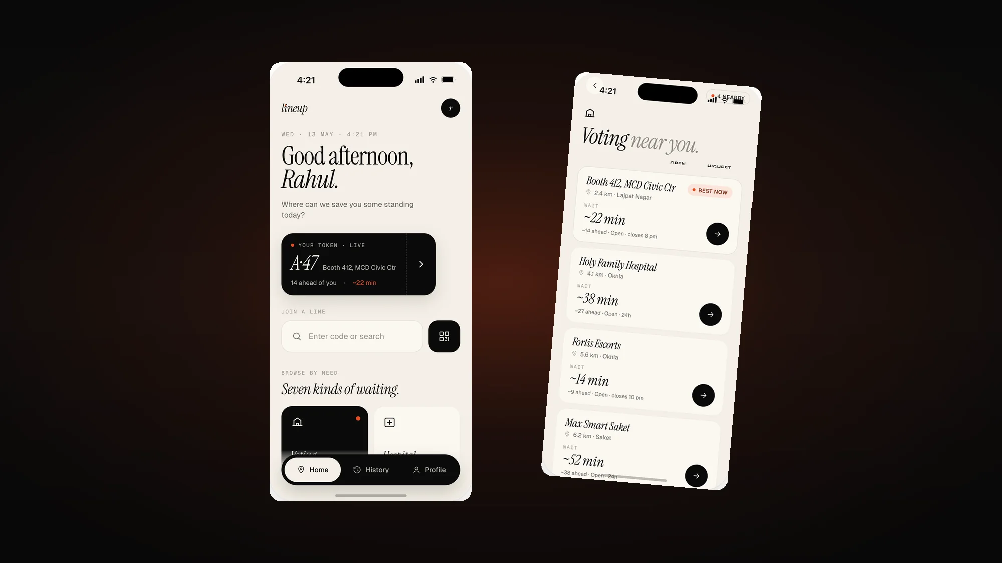 Joining. The home screen leads with the token you already hold; the centres list ranks by live wait, not by distance. Lineup home screen beside the nearby centres screen, showing live wait times for four locations