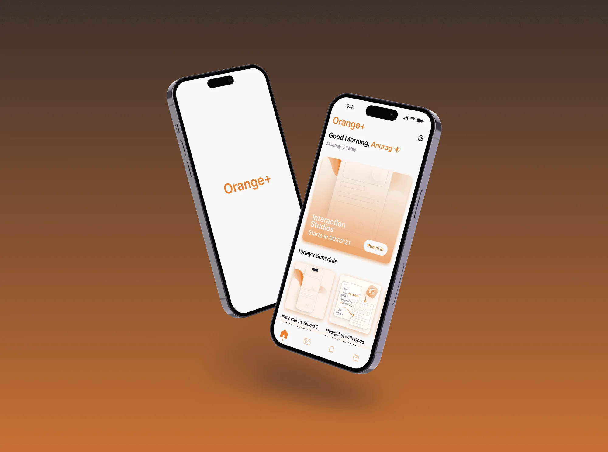 Splash and home. The wordmark is the only moment the brand speaks before the day takes over. Two phones showing the Orange+ splash screen and the home screen