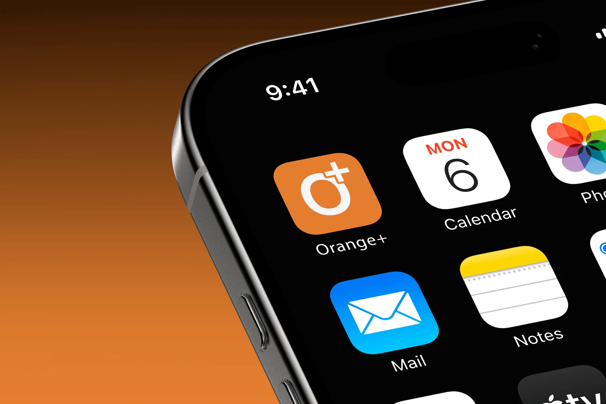 The icon in its real competitive context, sitting between Calendar and Mail. This is the comparison the design actually has to win. The Orange+ app icon on an iPhone home screen among standard apps
